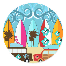 Surfboards Beach Bum Surfing Hippie Vans Classic Round Sticker