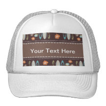 Surfboards & Hibiscus; Brown, Blue, & Orange Trucker Hats