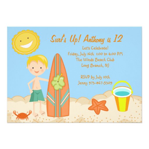 Surfer Boy Beach Party Birthday Invitation