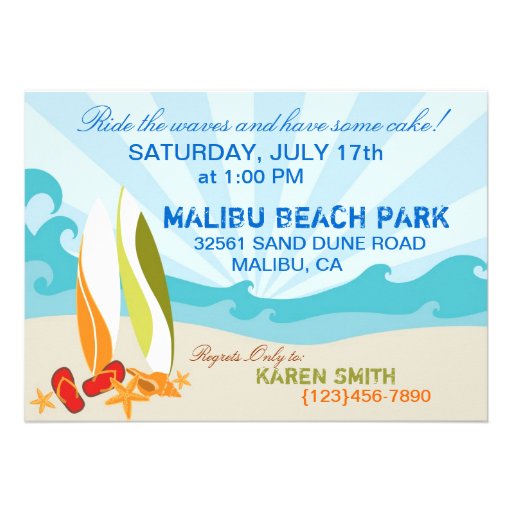 Surfer Dude and Surf Boards Beach Birthday Personalized Invitation
