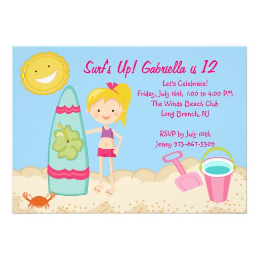 Surfer Girl Beach Party Birthday Invitation