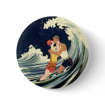 Surfer Lovers Kissing Vintage Illustration Button