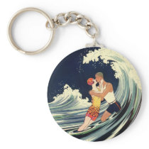 Surfer Lovers Kissing Vintage Illustration Key Chain