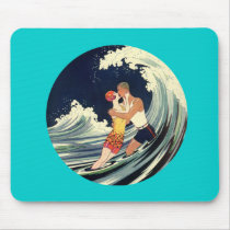 Surfer Lovers Kissing Vintage Illustration Mouse Pads