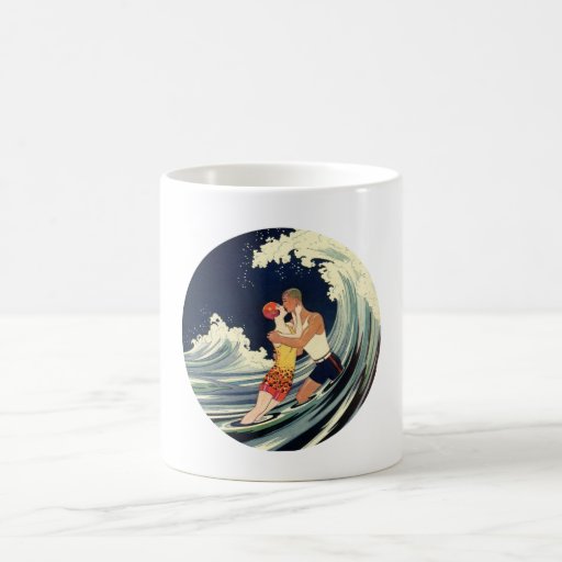 Surfer Lovers Kissing Vintage Illustration Mugs