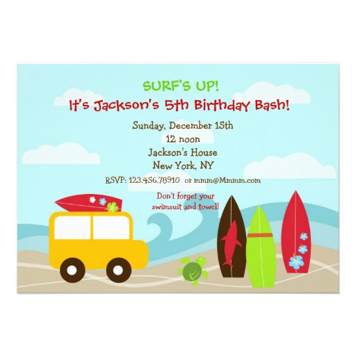 Surfer Surf Birthday Party Invitations (front side)