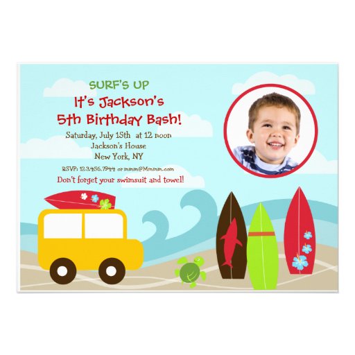 Surfer Surf Photo Birthday Party invitations (front side)