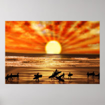 surfers walking on sunset beach poster
