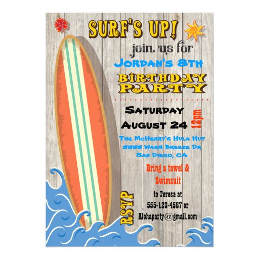 Surfing Birthday Party Invitations (front side)