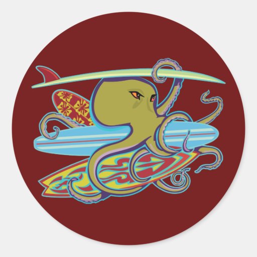 Surfing Halloween Octopus Round Sticker