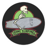 Surfing Halloween Skeleton Round Stickers