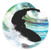 Surfing in Curling Wave Round Stickers