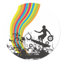 surfing into rainbows round sticker