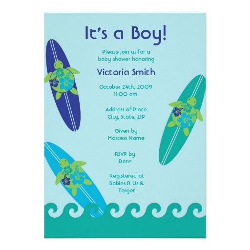 Surfing Sea Turtles Baby Shower Invitation Blue