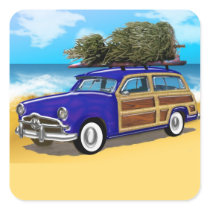 Surfing Woodie with Christmas Tree Square Stickers