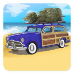 Surfing Woodie with Christmas Tree Square Stickers