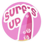 Surf's Up Pink Surf Board Round Sticker