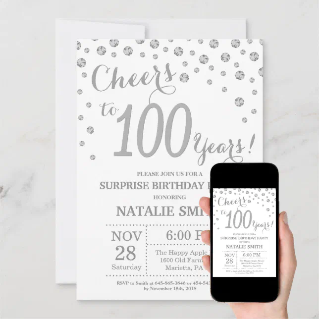 Surprise 100th Birthday Silver Glitter Diamond Invitation Zazzle