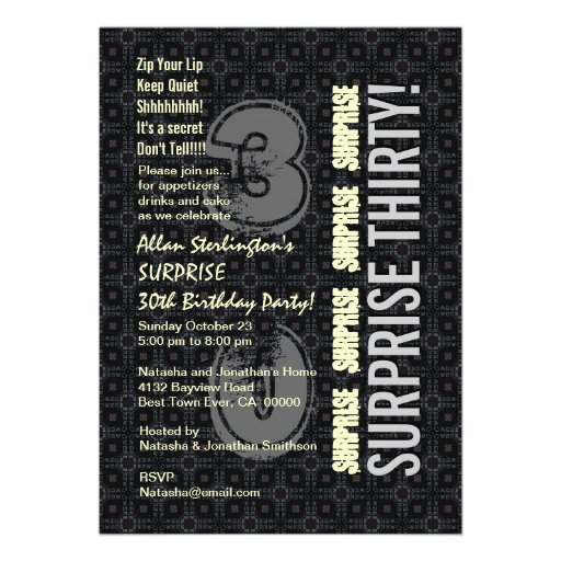 SURPRISE 30th Birthday Black Silver Ivory V4 Announcements (front side)