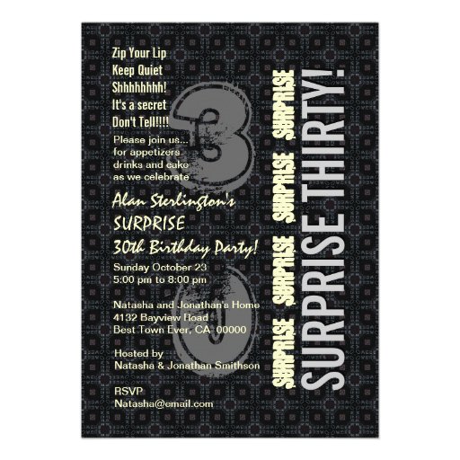 SURPRISE 30th Birthday Black Silver Ivory V4N Personalized Announcements