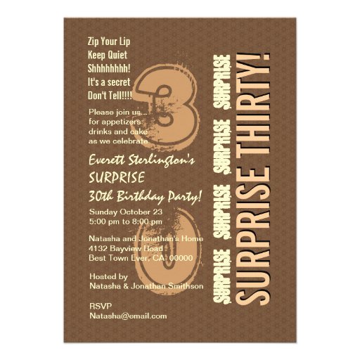 SURPRISE 30th Birthday Brown Tan Ivory V8 Personalized Announcement (front side)