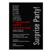 SURPRISE 30th Birthday Modern Black Silver Red Personalized Invitation