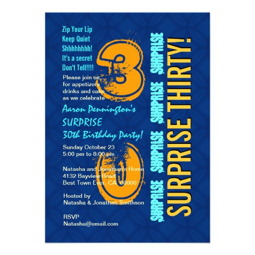 SURPRISE 30th Birthday Modern Blue and Gold F544 Invitations