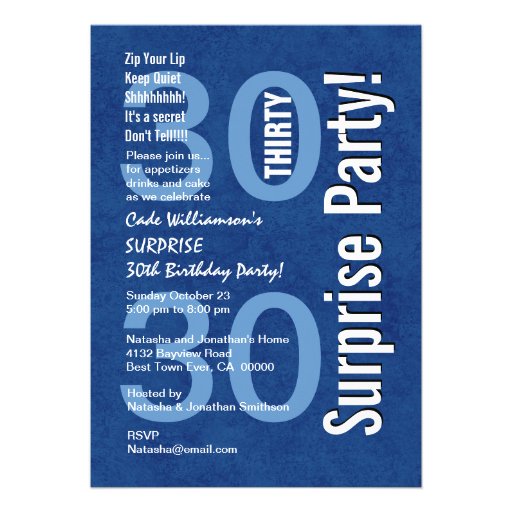 SURPRISE 30th Birthday Modern Royal Blue Grunge Personalized Announcement
