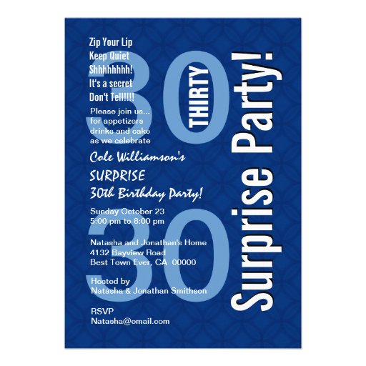 SURPRISE 30th Birthday Modern Royal Blue R600 Personalized Invites (front side)