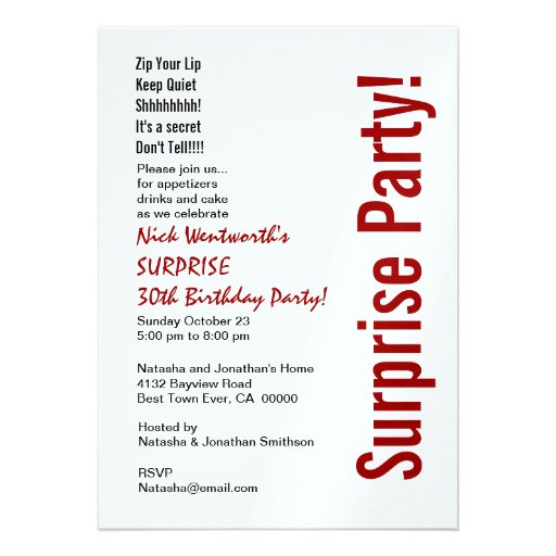 SURPRISE 30th Birthday Modern White Red Black Personalized Announcement (front side)