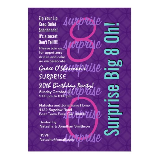 SURPRISE 30th Birthday Purple Pink Blue F218 Personalized Invite (front side)