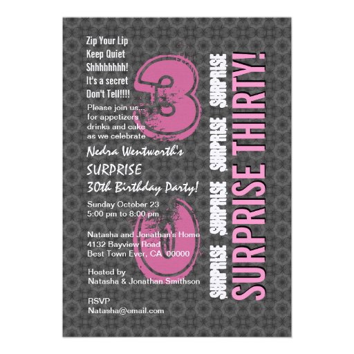 SURPRISE 30th Modern Birthday Gray and Pink H322 Custom Announcements