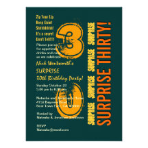 SURPRISE 30th Modern Birthday Green Gold Orange Invite