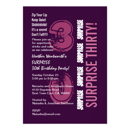 SURPRISE 30th Modern Birthday Purple and Pink Personalized Invites