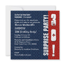 SURPRISE 30th Year Birthday Modern Red White Blue Invites