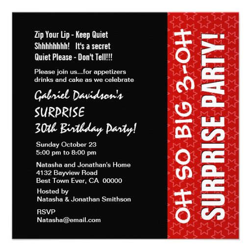 SURPRISE 30th Year Birthday Party Red Stars W113 Invite