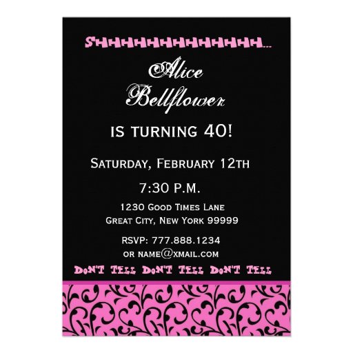 SURPRISE 40th Birthday Bright Pink Black Swirls Invitations