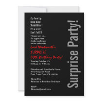 SURPRISE 40th Birthday Modern Black White Red Custom Invitations