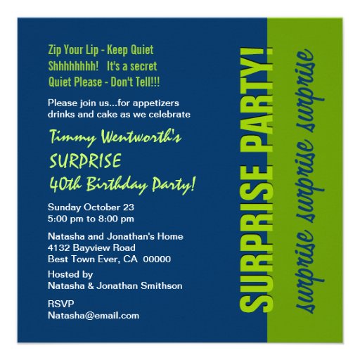 SURPRISE 40th Birthday Modern Navy Blue and Lime Personalized Invitations