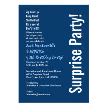 SURPRISE 40th Birthday Modern Navy Blue White Custom Announcements