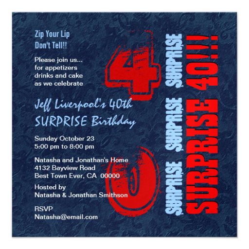 SURPRISE 40th Birthday Red White Blue W604 Personalized Invitation (front side)