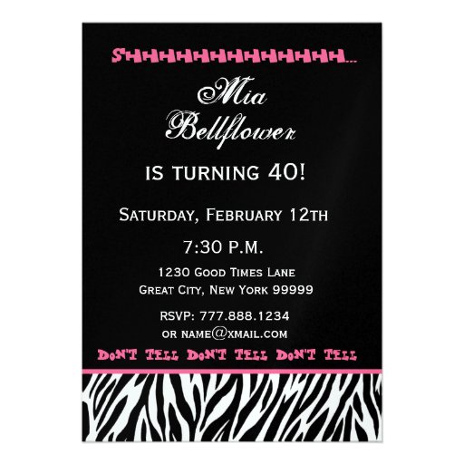 SURPRISE 40th Birthday Zebra Stripes Black White Personalized Announcement