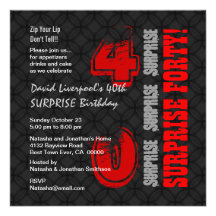 SURPRISE 40th Modern Birthday Black Red W588 Custom Invitation