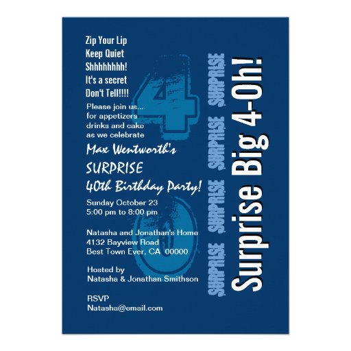 SURPRISE 40th Modern Birthday Blue and White Announcements