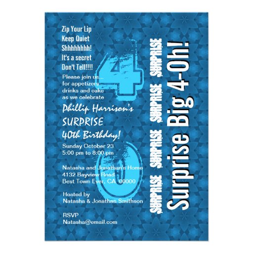 SURPRISE 40th Modern Birthday Blue and White V26 Personalized Invite