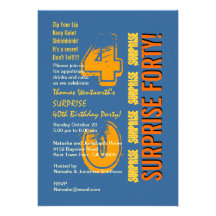 SURPRISE 40th Modern Birthday Blue Gold Orange Personalized Announcements