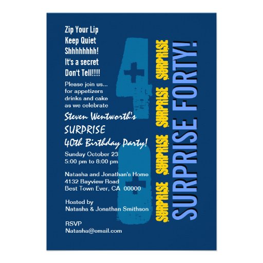 SURPRISE 40th Modern Birthday Blue Gold Template Invitations (front side)