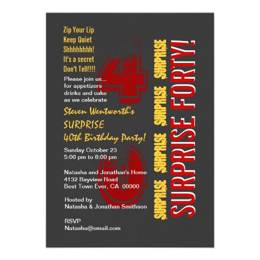 SURPRISE 40th Modern Birthday Red Gold Gray Personalized Invites