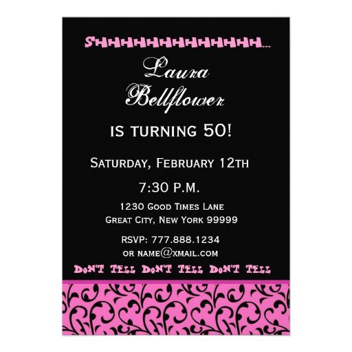 SURPRISE 50th Birthday Bright Pink Black Swirls Announcement