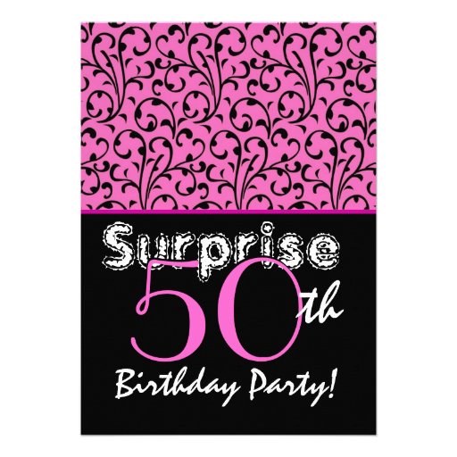 SURPRISE 50th Birthday Bright Pink Black Swirls Announcement